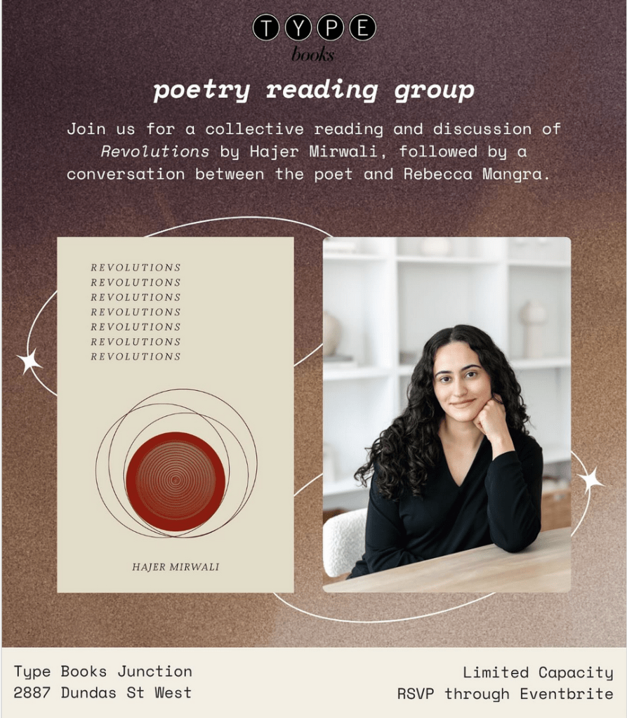 A poster advertising a poetry reading group and Q&A with Hajer Mirwali. Features the cover of her book, REVOLUTIONS, and her photograph.